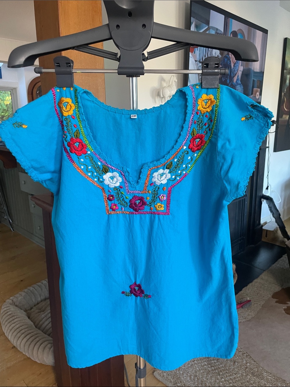 Embroidered Turquoise Peasant Blouse with Floral Yoke